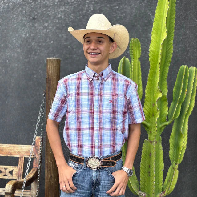 Camisa Wrangler Mc Xadrez Vinho/Azul Claro